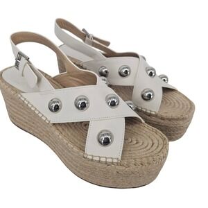 Marc Fisher Mirella White Leather Studded Platform Espadrille Wedge Sandals 10M